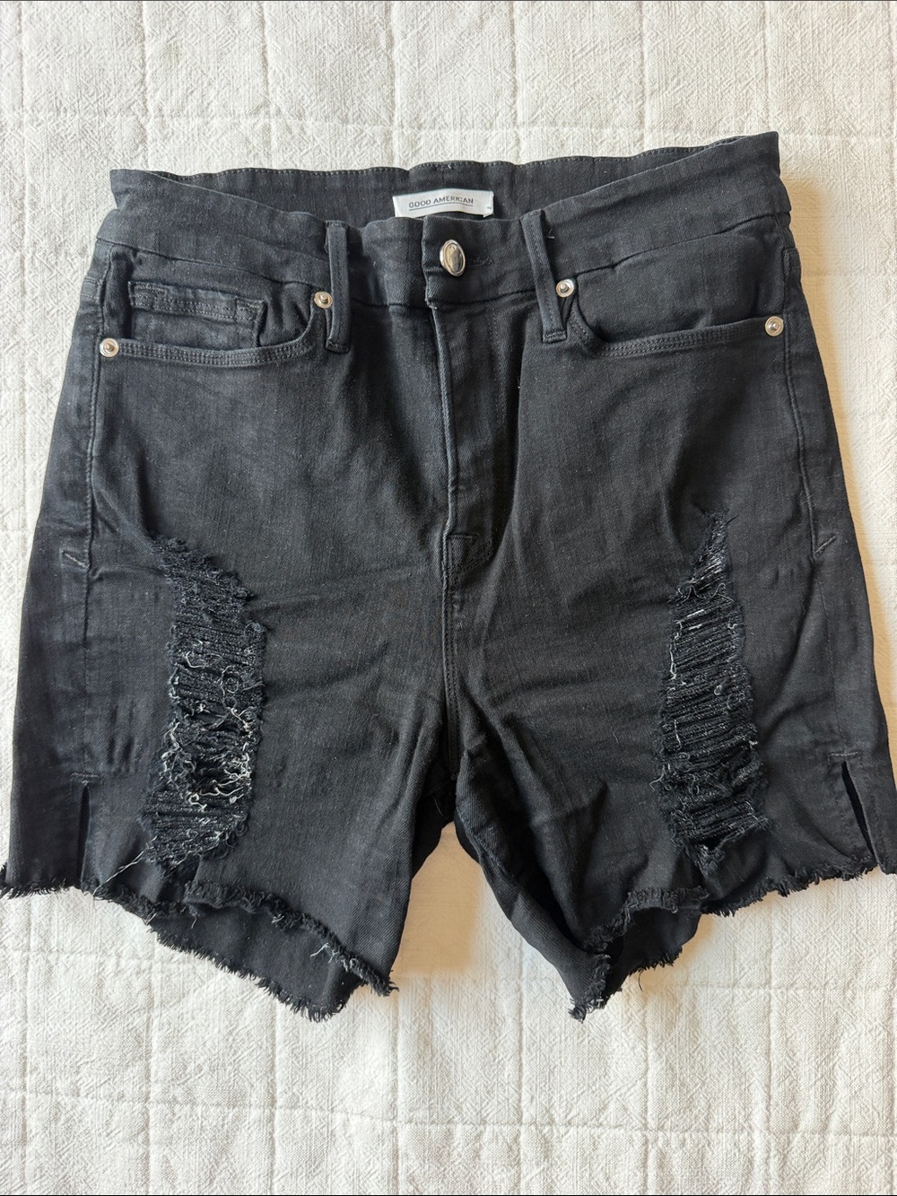 Good American Black Distressed High-Rise Jean Shorts